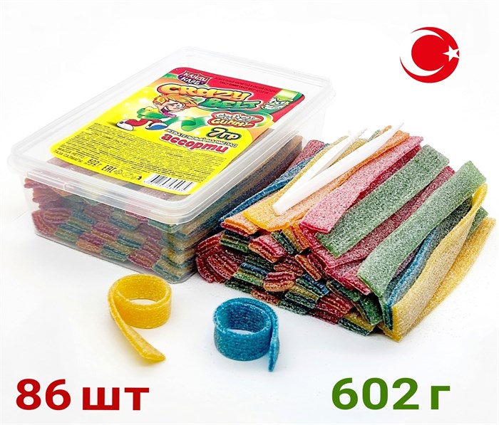 Мармелад CRAZY GUMMY CRAZY BELT ремешки в кислой обсыпке ассорти (MAR117) 602 гр*12 банок*1 шт MAR117 - фото 13217