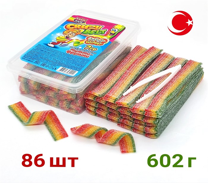 Мармелад CRAZY GUMMY CRAZY BELT ремешки в кислой обсыпке тутти-фрутти (MAR118) 602 гр*12 банок*1 шт MAR118 - фото 13218