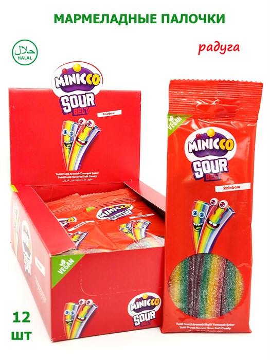Мармелад Minicco Sour Belt Rainbow ремешки в обсыпке Радуга (19500054) 75 гр*1 кор х 6 бл*12 шт 19500054 - фото 16692