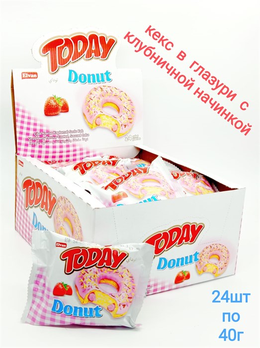 Кекс Today Donut Cake With Strawberry Донат в глазури с Клубничной начинкой (3505) 40 гр*6 бл*24 шт 1100003505 - фото 17072