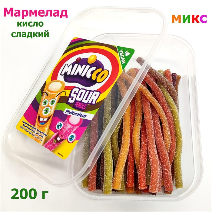 Мармелад Minicco Sour Pencil Multicolor кисло - сладкие палочки Микс(0272) 200 гр*1 кор х 24 бл*1 шт 0272 - фото 18713