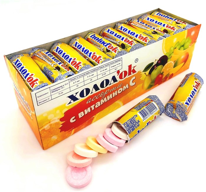Конфеты Холодок таблетированные со вкусом АССОРТИ с витамином С в фольге (DE-040) 15 гр*24 бл*30 шт DE-040 - фото 18903