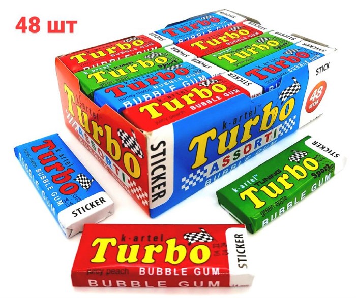 Жевательная резинка недражированная ТУРБО TURBO ассорти (персик,дыня,яблоко)(029.205)14гр*8 бл*48 шт 029.205 - фото 18906