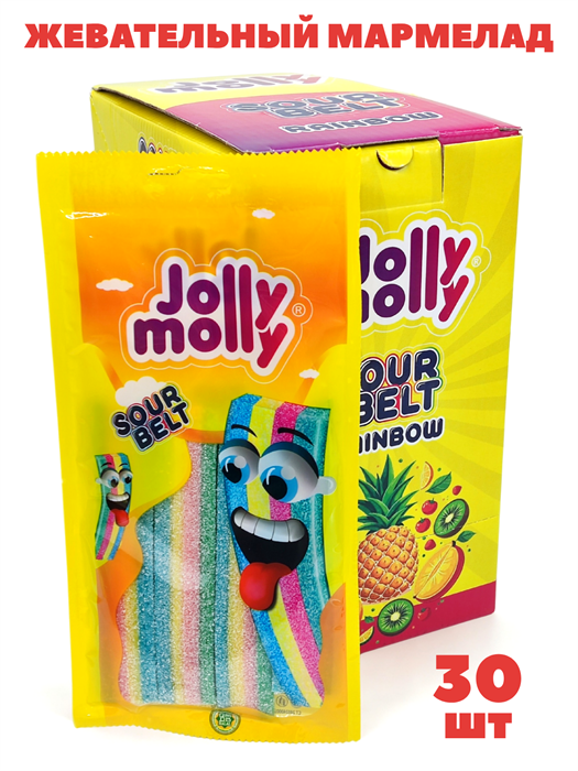 Мармелад жевательный JOLLY MOLLY SOUR BELT RAINBOW кислые ремешки тутти фрутти 70 гр*6 бл*24 шт AF0011