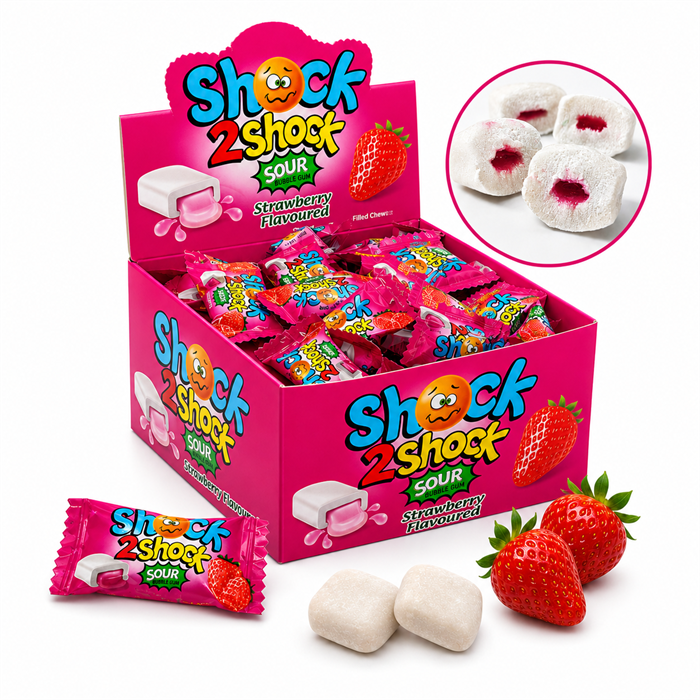 Жевательная резинка ШОК SHOCK 2 SHOCK КЛУБНИКА суперкислая с начинкой (GUM078) 4 гр*20 бл*100 шт GUM078