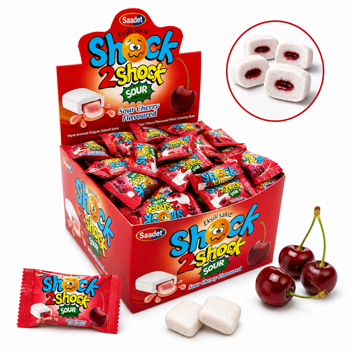 Жевательная резинка ШОК SHOCK 2 SHOCK ВИШНЯ суперкислая с начинкой (GUM080) 4 гр*20 бл*100 шт GUM080