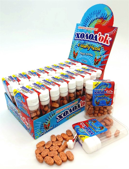 Конфеты Холодок таблетированные со вкусом КОЛЫ  (с шипучкой) в диспенсоре (DE-057) 14 гр*24 бл*18 шт DE-057