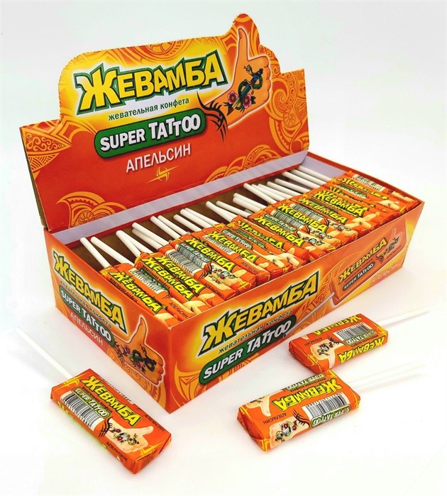 Конфета жевательная Жевамба SUPER TATTOO Апельсин (Канди Клаб) (CHW001) 10 гр*12 бл*50 шт CHW001 - фото 9744