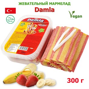 Мармелад DAMLA Кислые ремешки с посыпкой (Банан и клубника) (1952) 300 гр*1кор х 24 контейнера*1 шт 1952
