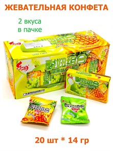 Конфета жевательная 2 вкуса в пачке Ананас - яблоко (40628) 14 гр*1 кор х 30 бл х 20 шт 40628